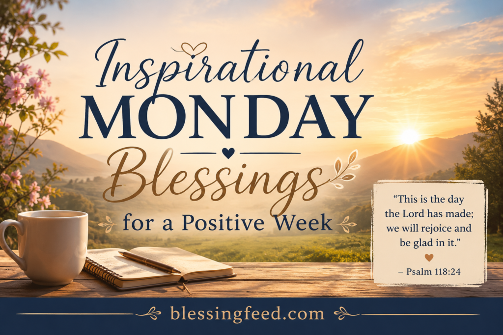 Inspirational Monday blessings for a positive week banner with sunrise, coffee cup, journal, and blessingfeed.com
