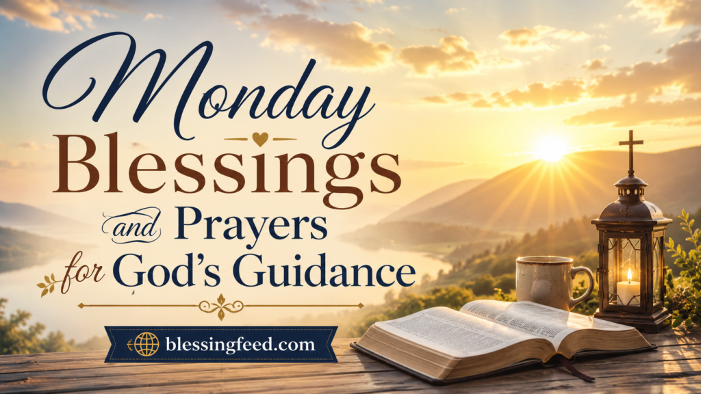 Monday blessings and prayers for God’s guidance with peaceful sunrise, Bible, candle lantern, and blessingfeed.com