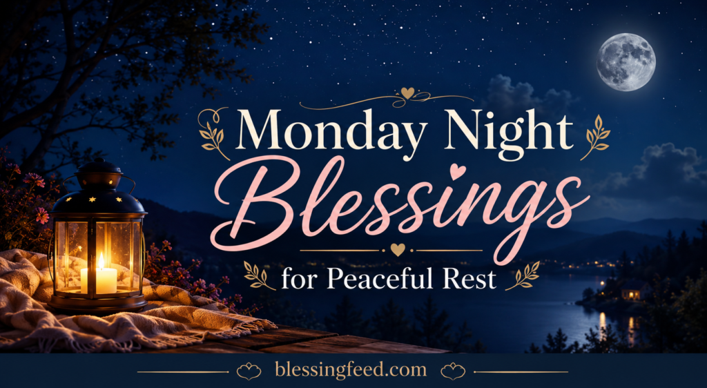 Monday Night Blessings for Peaceful Rest with peaceful moonlight, lantern, and calm night sky