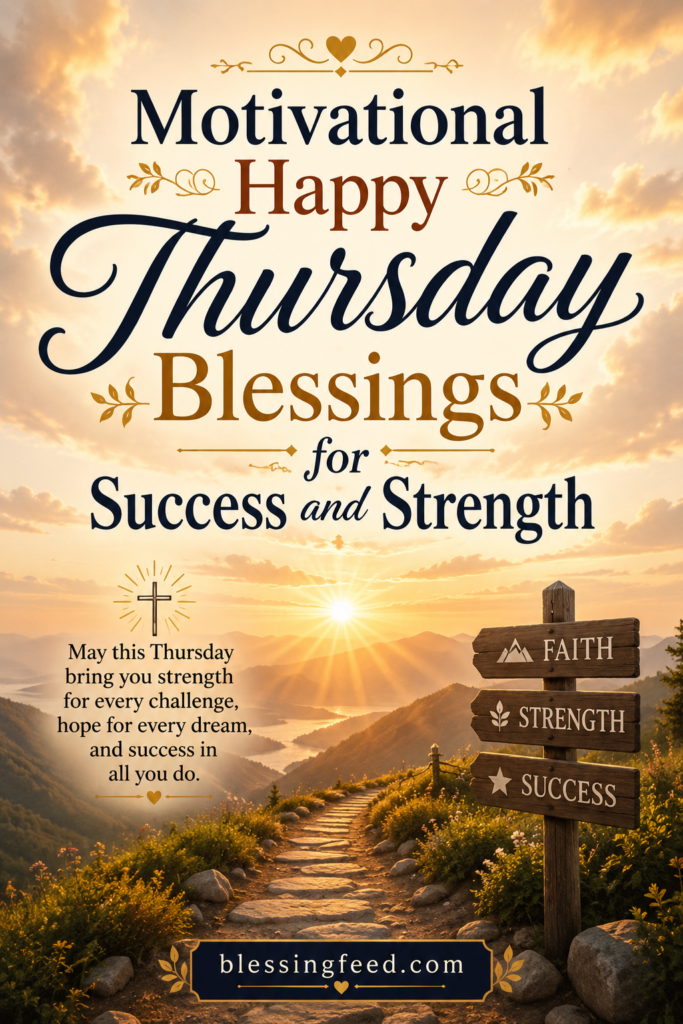 Motivational Happy Thursday blessings for success and strength sunrise inspirational quote image with blessingfeed.com