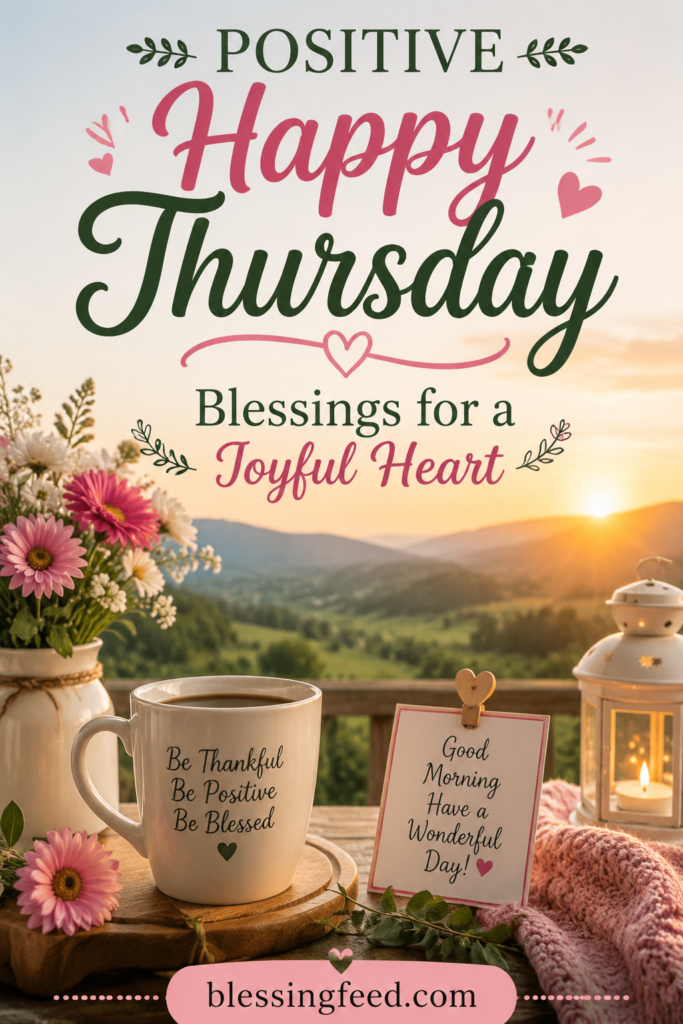 Positive Happy Thursday Blessings for a Joyful Heart inspirational morning quote image with blessingfeed.com branding