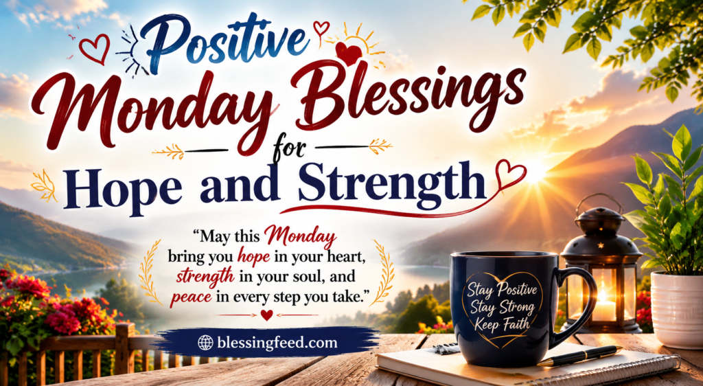 Positive Monday blessings motivational banner with hope and strength message, peaceful morning inspirational background for blessingfeed.com