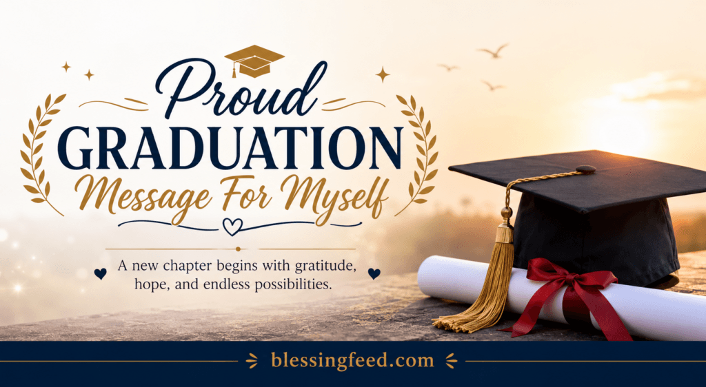 Proud Graduation Message For Myself banner with graduation cap and diploma, celebrating success and achievement - blessingfeed.com
