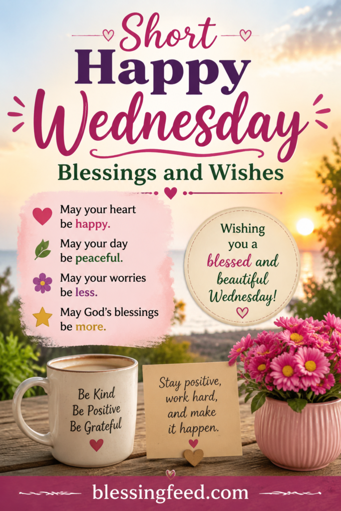 Short Happy Wednesday blessings and wishes with peaceful midweek vibes.