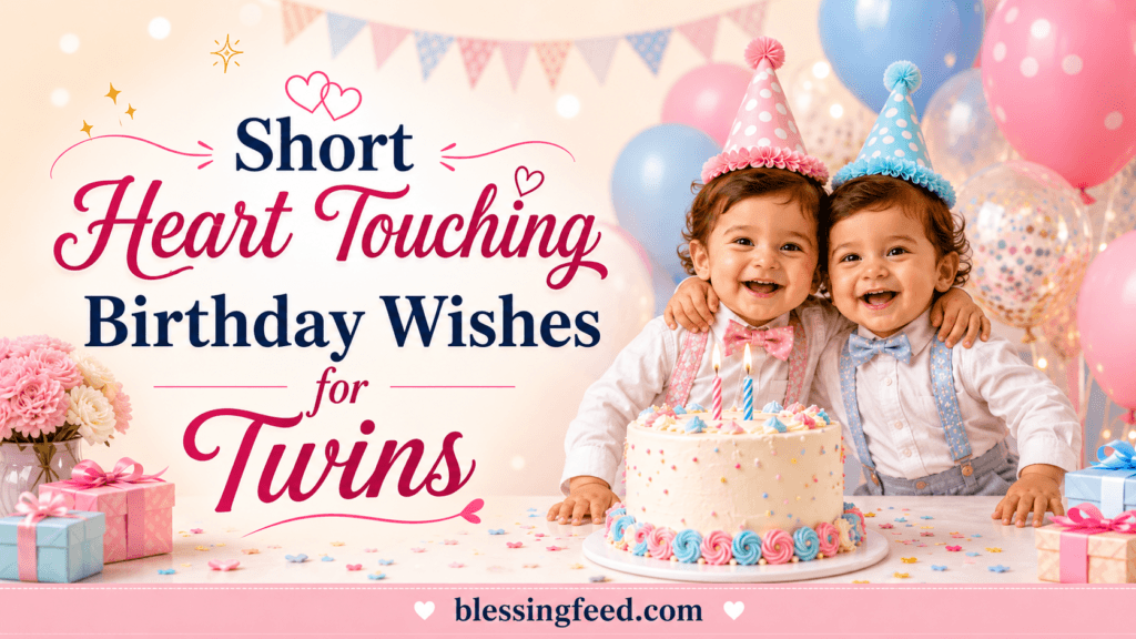 Short heart touching birthday wishes for twins with smiling twins, birthday cake, balloons, and blessingfeed.com text