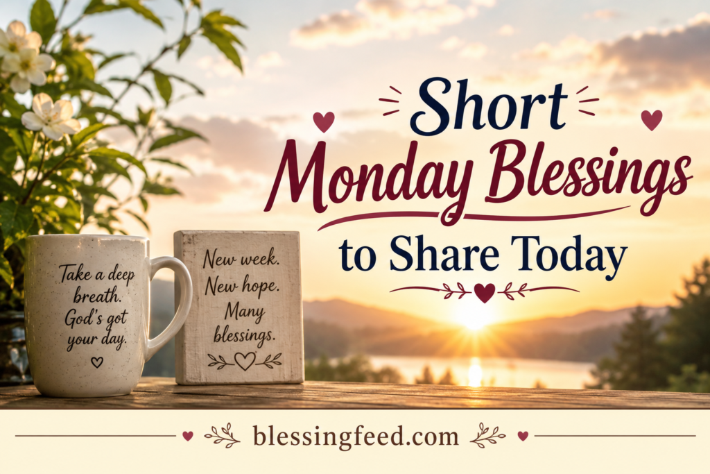 Short Monday Blessings to Share Today with peaceful sunrise, warm coffee, and blessingfeed.com text