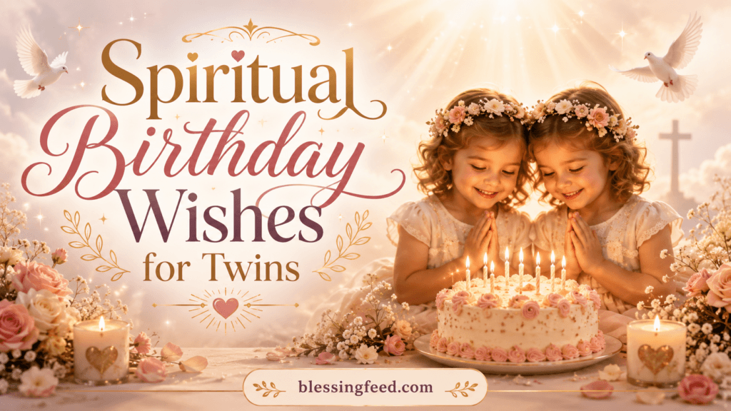Spiritual birthday wishes for twins with a warm birthday cake, flowers, candles, and blessingfeed.com text