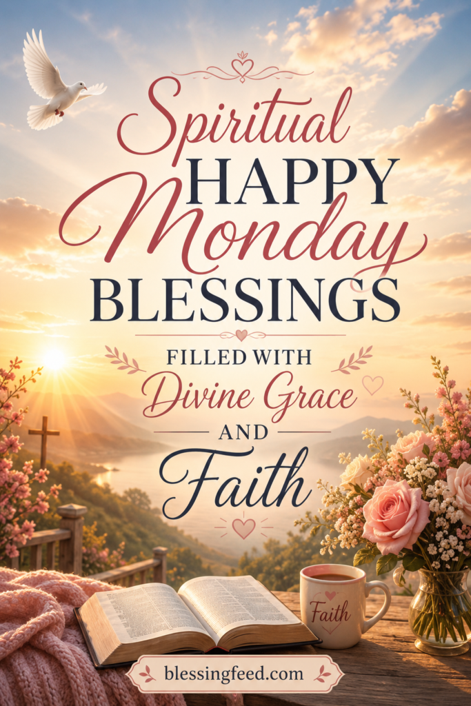Spiritual Happy Monday Blessings filled with divine grace and faith sunrise inspirational Pinterest image with blessingfeed.com