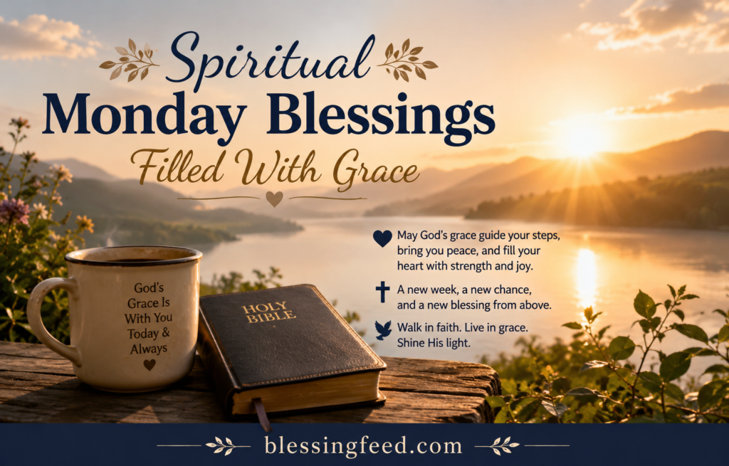 Spiritual Monday blessings filled with grace with peaceful sunrise, Bible, prayer, and blessingfeed.com