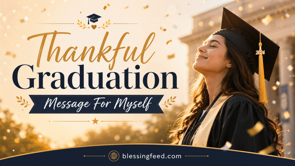 Thankful graduation message for myself with smiling graduate in golden light