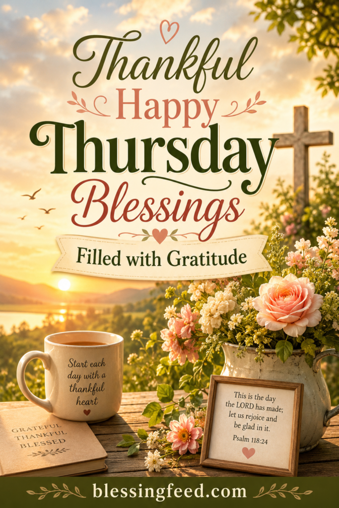 Thankful Happy Thursday Blessings Filled with Gratitude inspirational morning quote with floral background