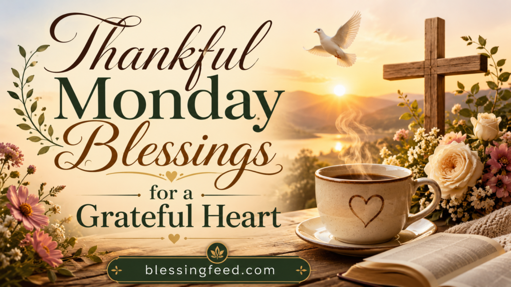 Thankful Monday blessings for a grateful heart with peaceful sunrise, flowers, coffee, Bible, and blessingfeed.com