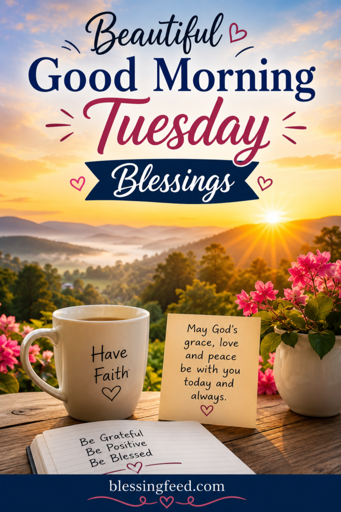 Beautiful Good Morning Tuesday Blessings with sunrise, coffee cup, and inspirational message