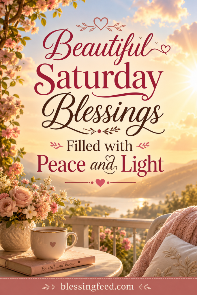 Beautiful Saturday blessings with peaceful sunrise, floral aesthetic background, inspirational quote for calm and positivity, blessingfeed.com