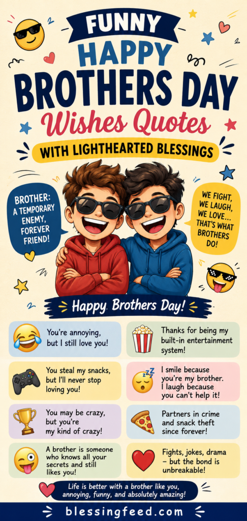 Funny Happy Brothers Day Wishes Quotes with lighthearted blessings and two smiling brothers.