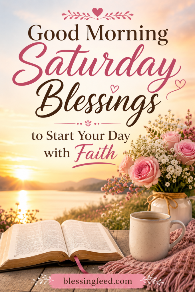 Good Morning Saturday Blessings to start your day with faith, sunrise, Bible, flowers, and peaceful morning vibes.