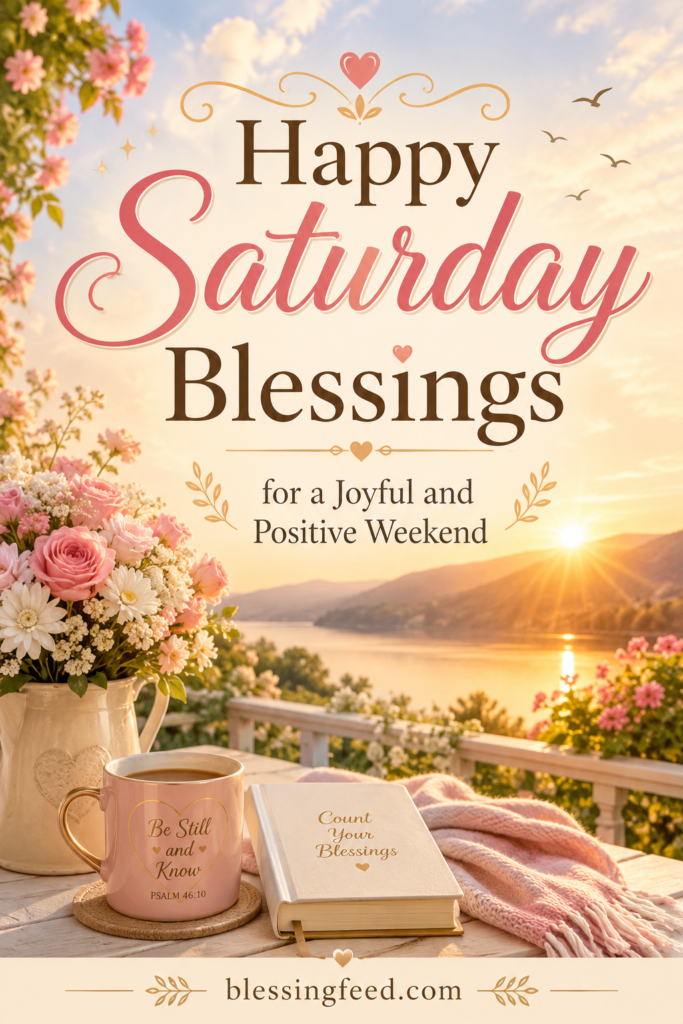 Happy Saturday blessings for a joyful and positive weekend with peaceful sunrise and flowers.