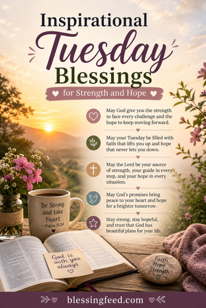Inspirational Tuesday blessings image with prayers for strength, hope, faith, and God's guidance