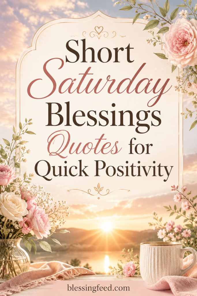 Short Saturday blessings quotes for quick positivity with peaceful sunrise and flowers.