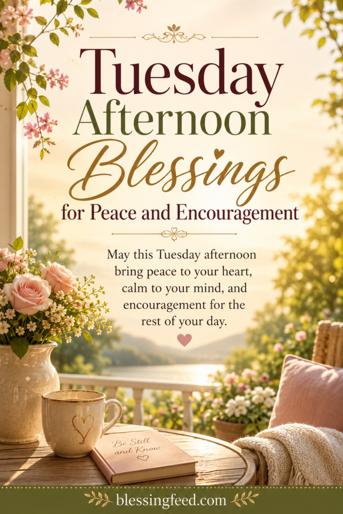 Tuesday afternoon blessings for peace and encouragement with warm sunlight, flowers, and a peaceful message.