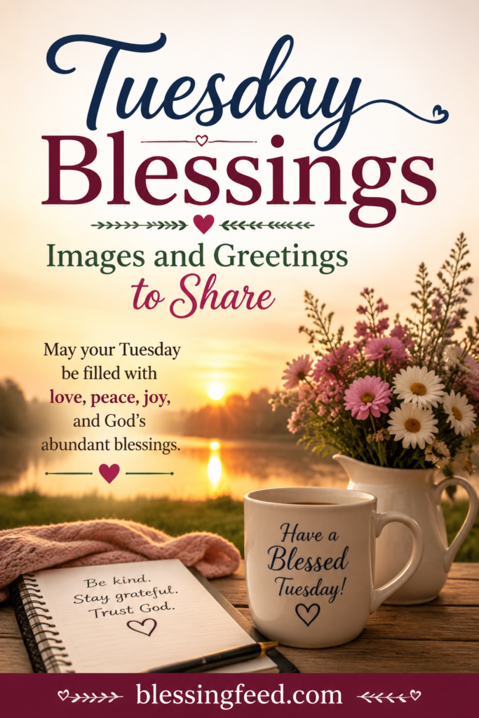 Beautiful Tuesday blessings image with peaceful morning scenery and inspirational greeting