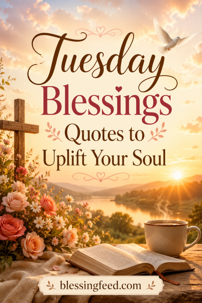 Tuesday blessings quotes to uplift your soul with sunrise, flowers, Bible, and peaceful scenery.