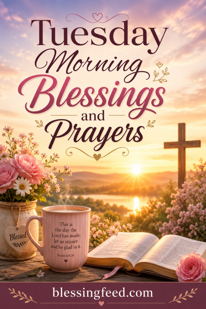 Tuesday morning blessings and prayers with a peaceful sunrise, Bible, flowers, and faith-inspired message