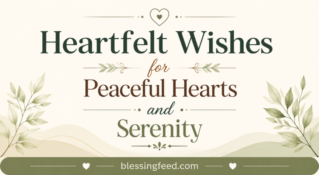 Heartfelt wishes for peaceful hearts and serenity with calm nature-inspired background and blessingfeed.com branding