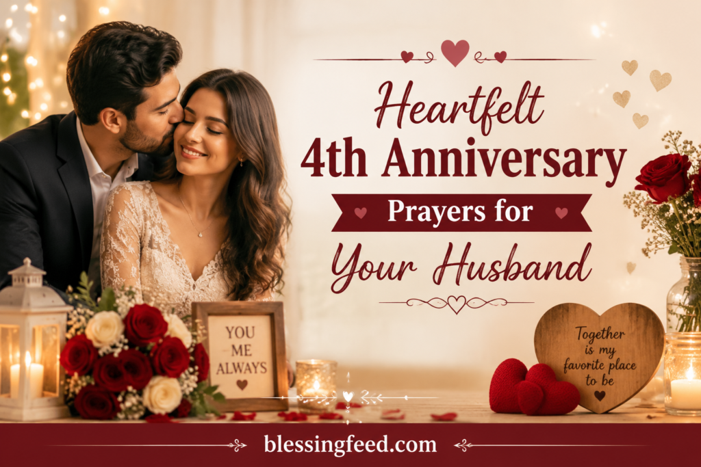 Heartfelt 4th anniversary prayers for husband romantic blessing banner with couple and warm love theme