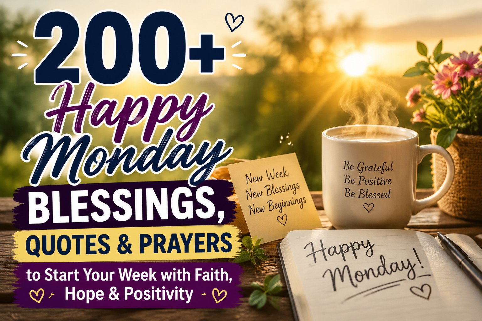 Happy Monday blessings inspirational thumbnail with quotes, prayers, and positive new week message for motivation and peace