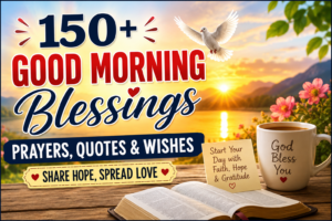 Good morning blessings with sunrise, Bible, coffee, dove, prayers, quotes, and heartfelt wishes.