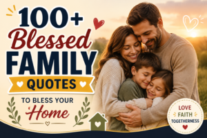 Happy family hugging at sunset with blessed family quotes text