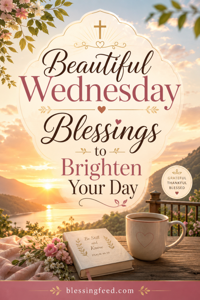 Beautiful Wednesday blessings image with sunrise, flowers, coffee mug, and inspirational faith message