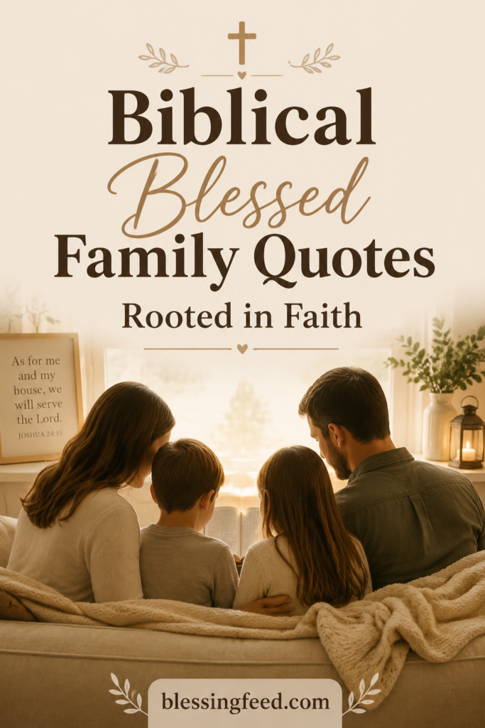 Biblical blessed family quotes with a family praying together in faith