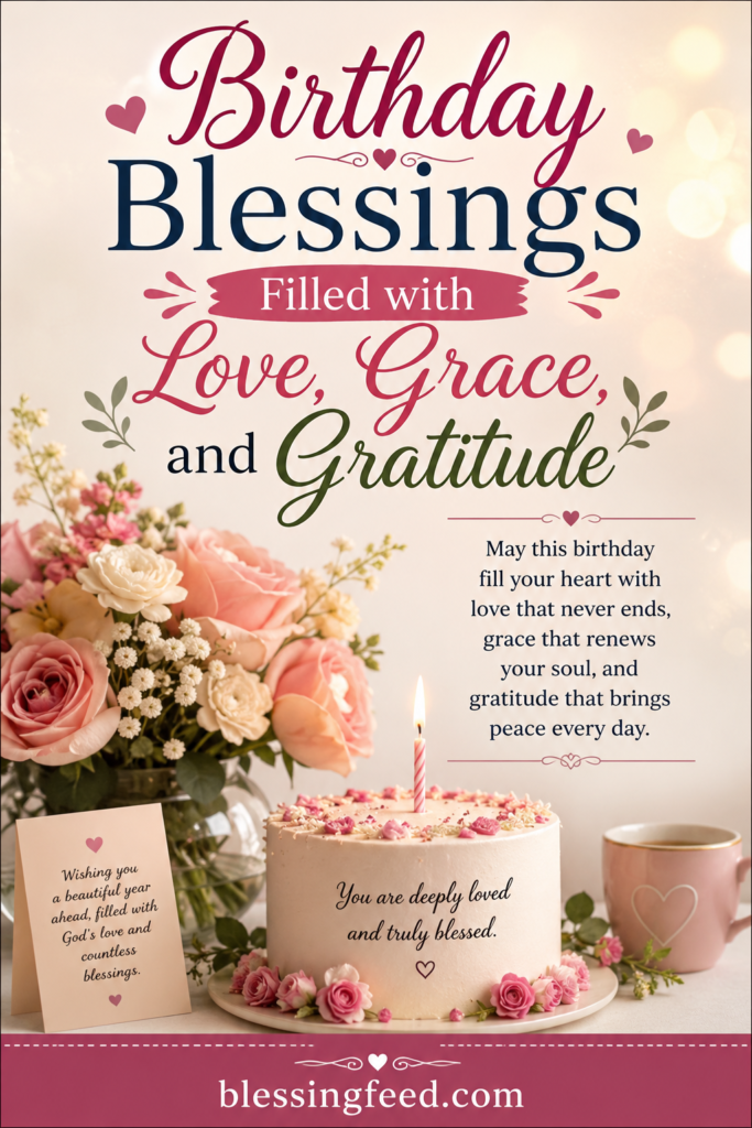 Beautiful birthday blessings image filled with love, grace, and gratitude featuring a birthday cake, flowers, and heartfelt wishes.