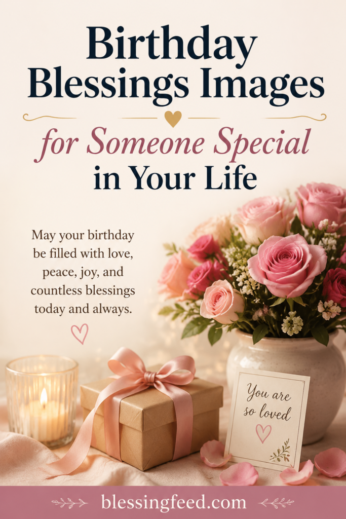 Beautiful birthday blessings image with flowers, gift, and heartfelt wishes for someone special