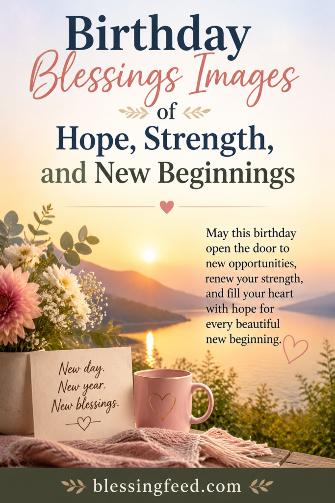 Birthday blessings image with words of hope, strength, and new beginnings
