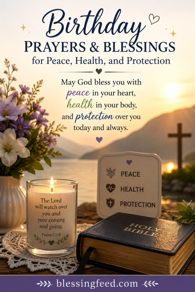 Birthday prayers and blessings image for peace, health, and God's protection with Christian faith design.