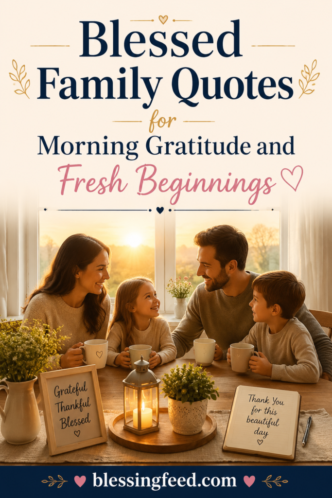 Blessed family quotes for morning gratitude with a happy family sharing a peaceful breakfast