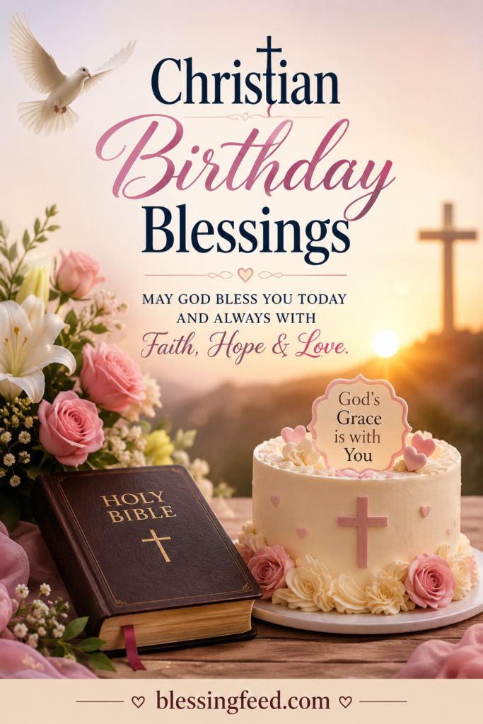 Christian birthday blessings image with Bible, cross, cake, and faith-filled birthday wishes.