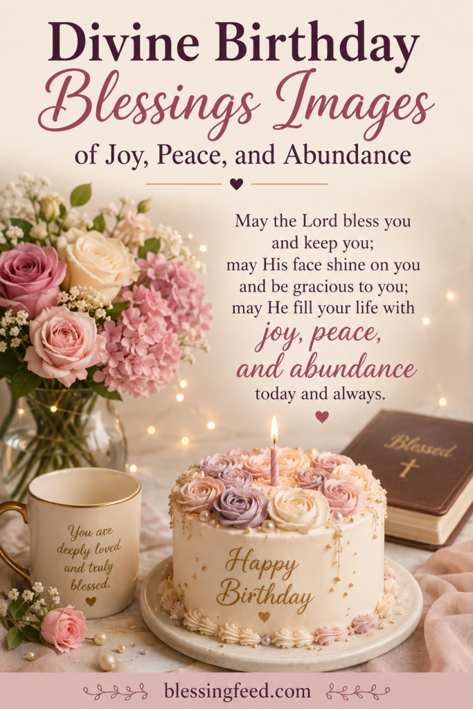 Divine birthday blessings image with flowers, birthday cake, and faith-filled message of joy, peace, and abundance