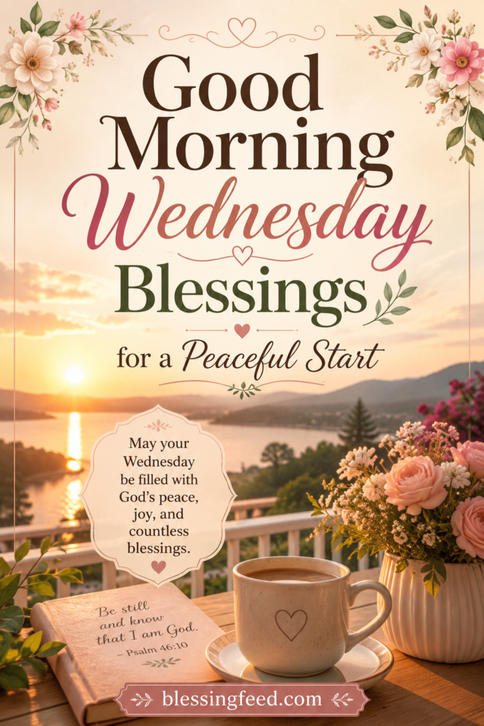 Good morning Wednesday blessings with sunrise, flowers, coffee, and a peaceful message.