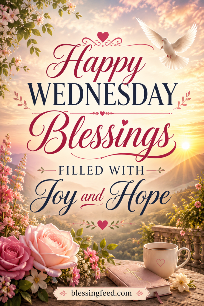 Happy Wednesday blessings filled with joy, hope, flowers, and peaceful sunrise.
