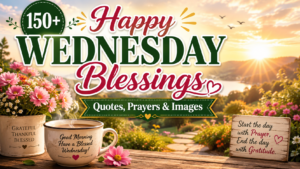 Happy Wednesday blessings thumbnail with quotes, prayers, coffee cup, flowers, and sunrise