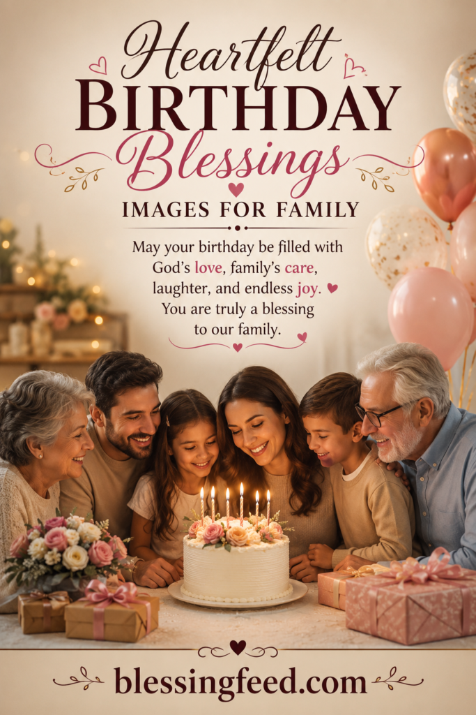 Heartfelt birthday blessings image for family with parents, children, grandparents, birthday cake, and Christian blessings.