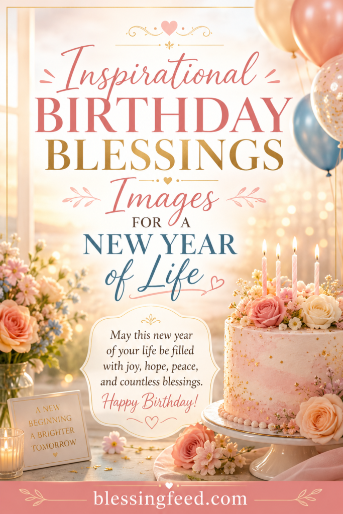 Inspirational birthday blessings image with a new year of life message, birthday cake, and heartfelt wishes.