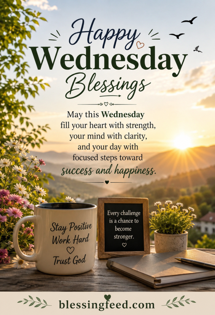 Inspirational Wednesday blessings for strength and success with beautiful sunrise and faith-filled message