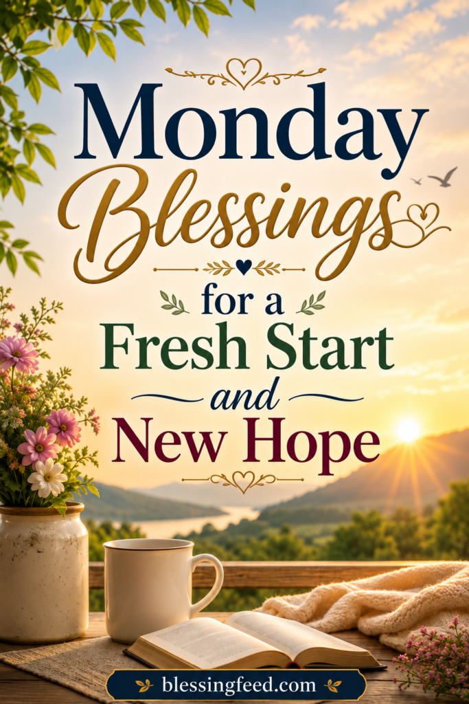 Monday blessings for a fresh start and new hope with a peaceful sunrise background.