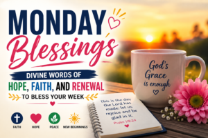 Monday Blessings quote card with Bible verse, coffee mug and sunrise background
