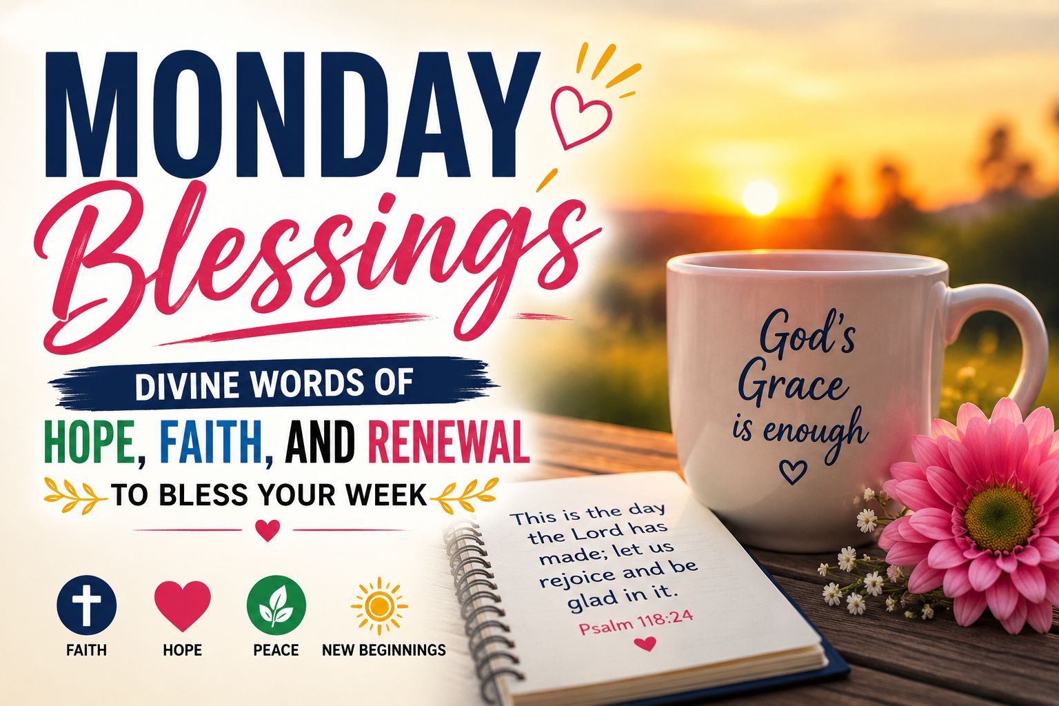 Monday Blessings quote card with Bible verse, coffee mug and sunrise background